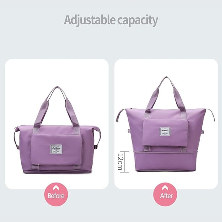 Lila Reisetasche mit verstellbarer Kapazität, robustes Material, ideal für Reisen.