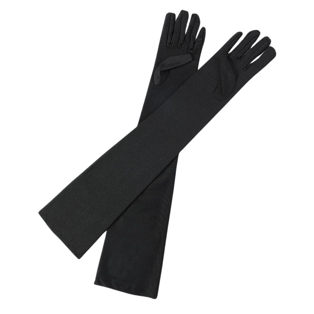 Lange schwarze Abendhandschuhe aus Satin, elegant, Damenmode, Accessoire, festlich.