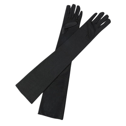 Lange schwarze Abendhandschuhe aus Satin, elegant, Damenmode, Accessoire, festlich.