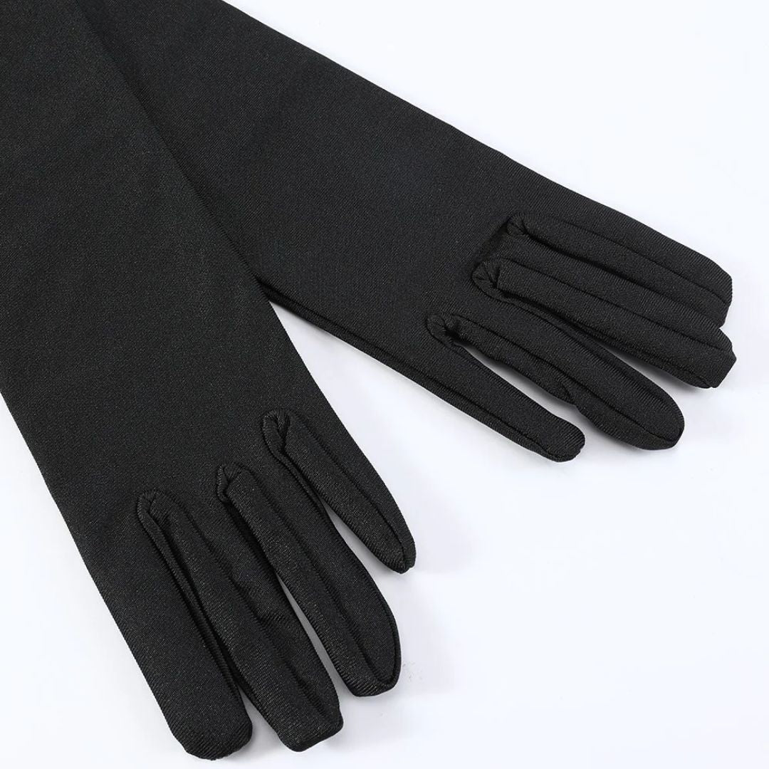 Schwarze lange Handschuhe aus Stoff, elegant, für Abendmode oder Kostüme, Damenaccessoire.