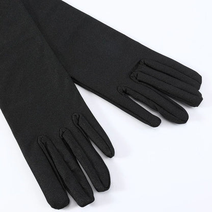 Schwarze lange Handschuhe aus Stoff, elegant, für Abendmode oder Kostüme, Damenaccessoire.