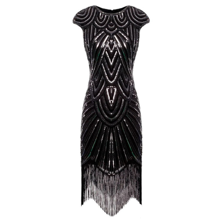 Schwarzes Paillettenkleid mit Fransen, Art-Deco-Stil, elegantes Abendkleid, Damenmode.