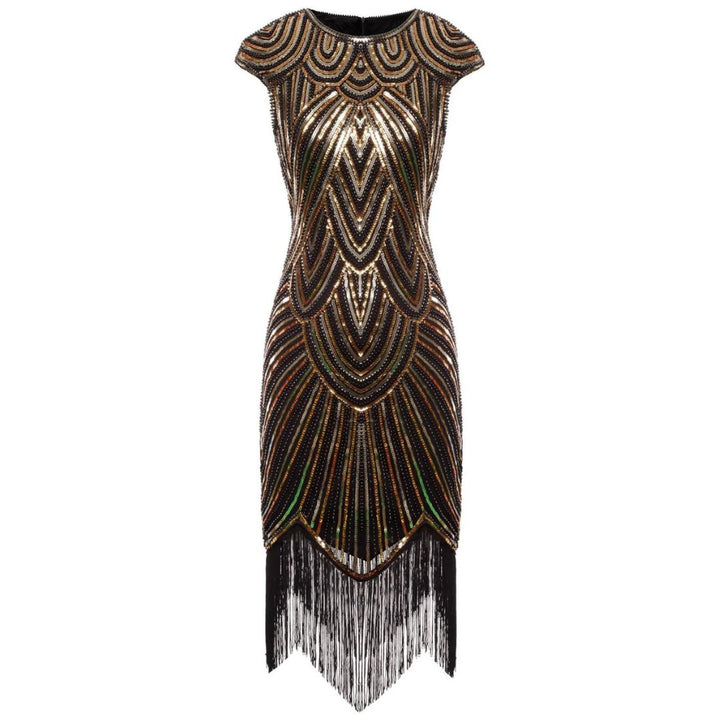 Art-Deco-Kleid mit Pailletten, schwarz-gold, Fransen, Abendmode, elegant, Damenmode.