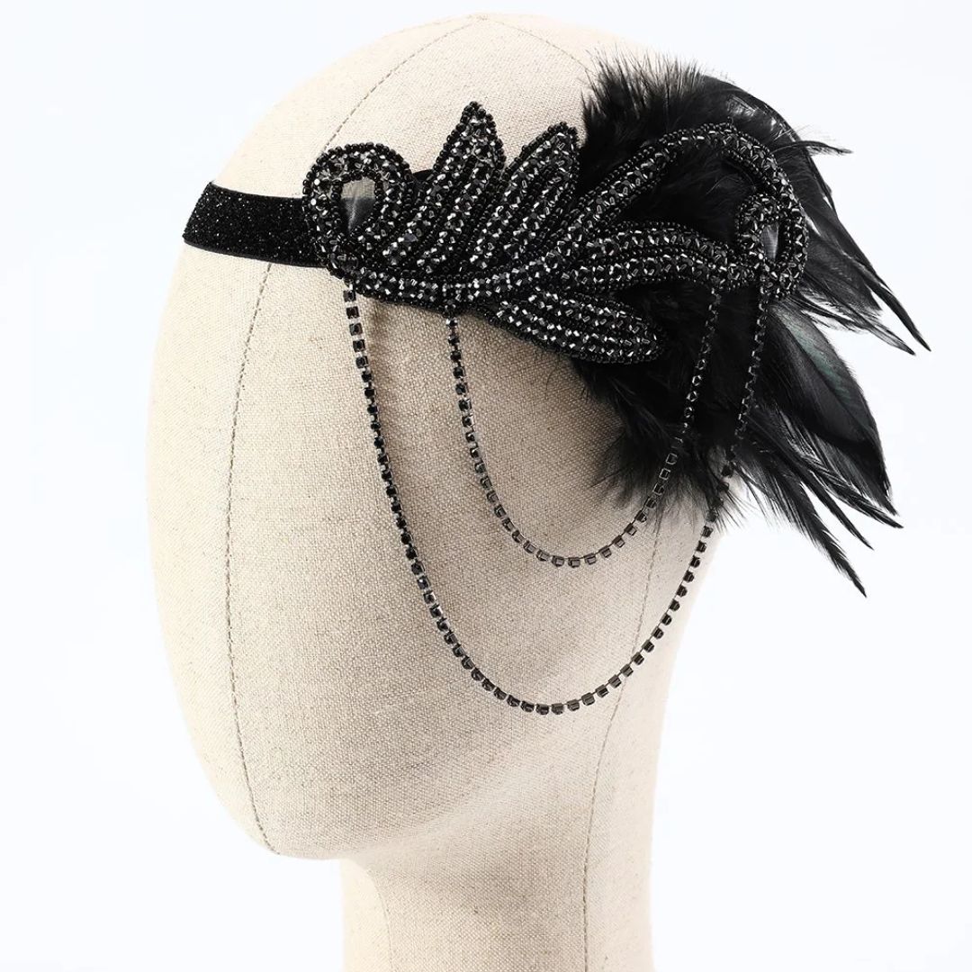 Schwarzes 1920er-Jahre Stirnband mit Federn und Perlen, Gatsby-Stil, Vintage-Accessoire.