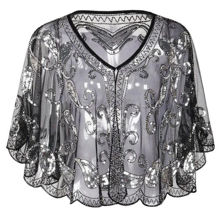 Schwarze Pailletten-Cape, transparent, mit silbernen Verzierungen, elegantes Abendmode-Accessoire.