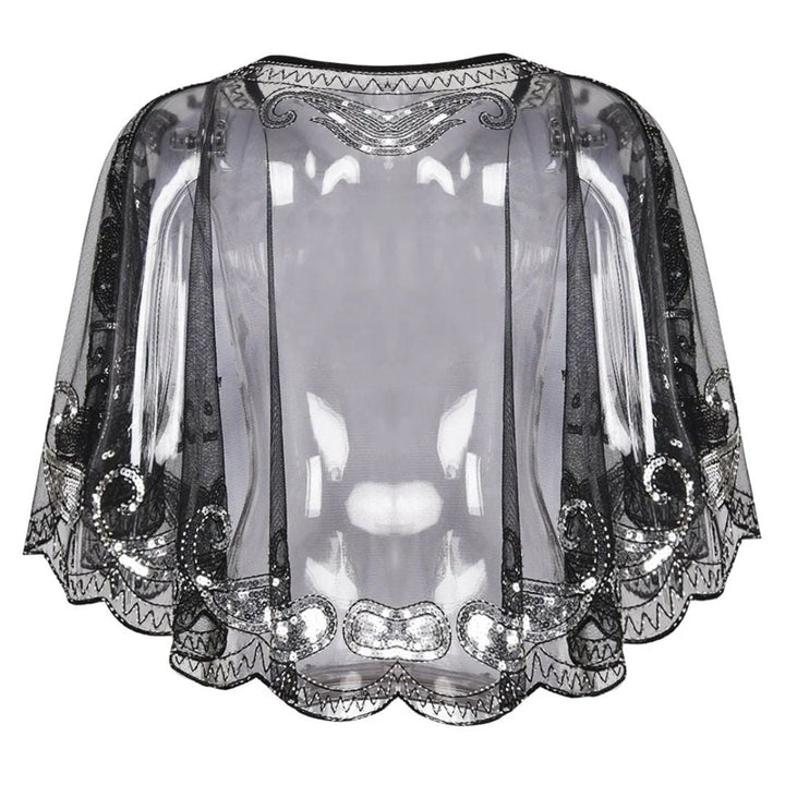 Schwarzes Pailletten-Cape, transparent, elegant, Abendmode, Damen, festlich, Vintage-Stil.