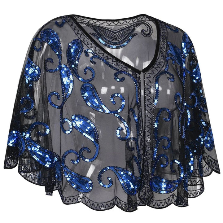 Schwarze Pailletten-Stola mit blauen Verzierungen, elegantes Abendaccessoire, Damenmode.