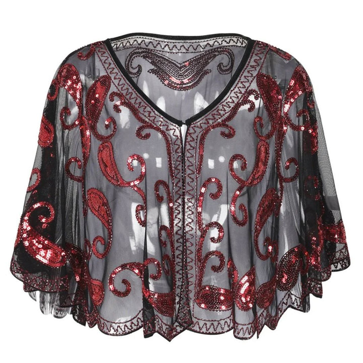 Schwarzes Cape mit roten Pailletten, transparent, elegantes Design, Damenmode, festlich.
