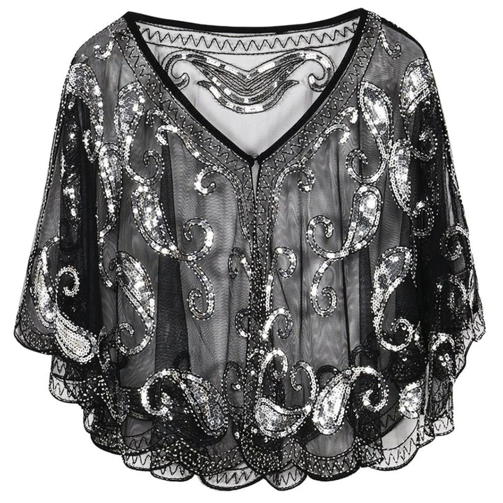 Schwarzes Pailletten-Cape, transparent, mit silbernen Verzierungen, elegantes Abendaccessoire.