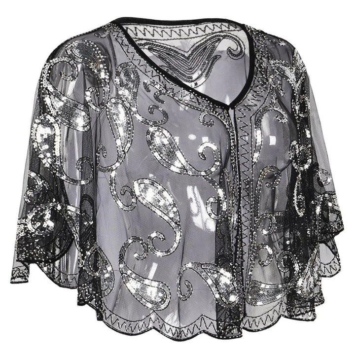 Schwarze Pailletten-Stola, transparent, elegantes Design, Abendmode, Damenbekleidung.