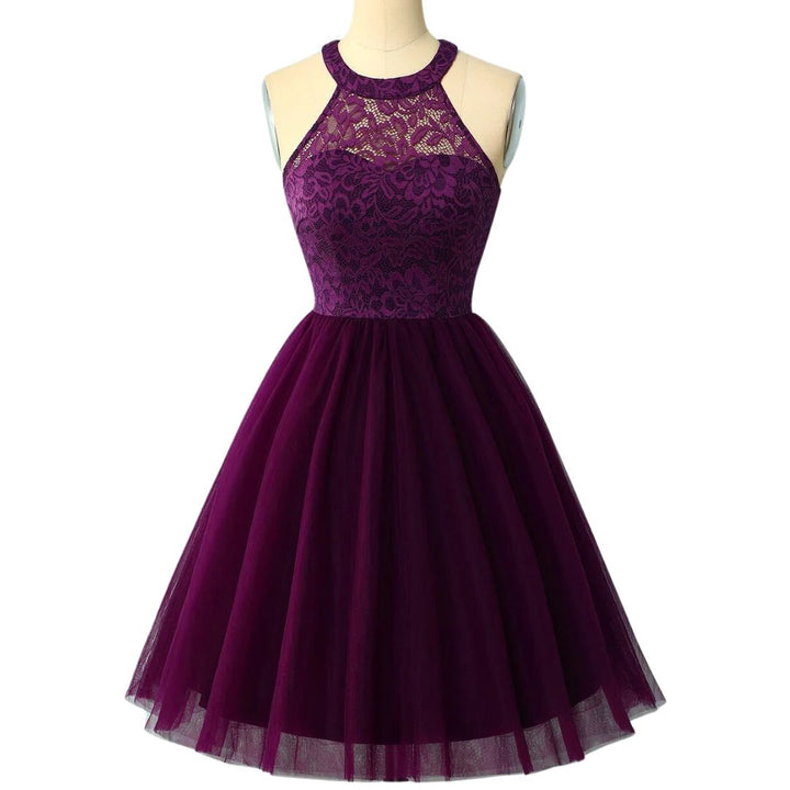Lila Spitzenkleid Damen, ärmellos, knielang, elegantes Abendkleid, Tüllrock.
