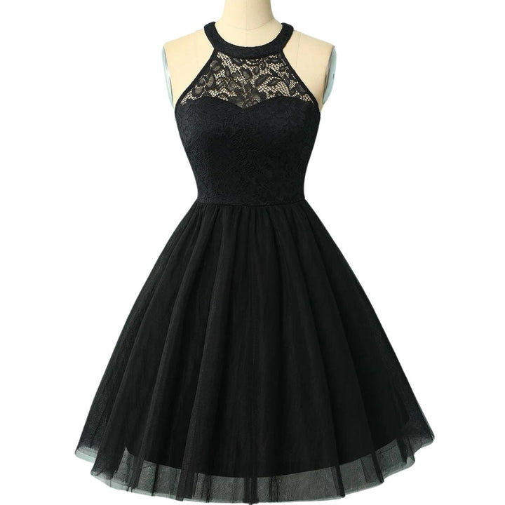 Schwarzes Spitzenkleid Damen, ärmellos, A-Linie, Cocktailkleid, elegant, Abendmode.