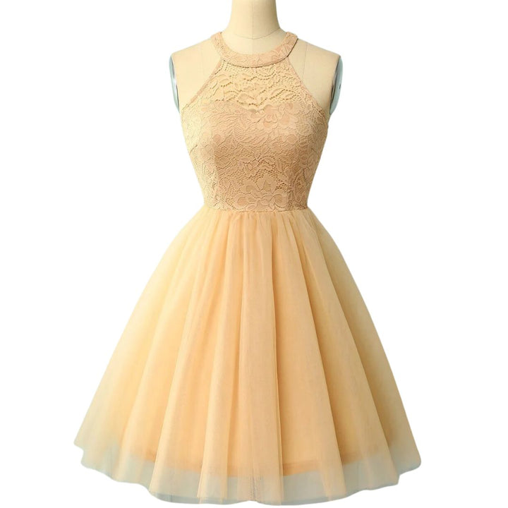 Beiges Spitzenkleid Damen, ärmellos, A-Linie, elegantes Design, ideal für besondere Anlässe.