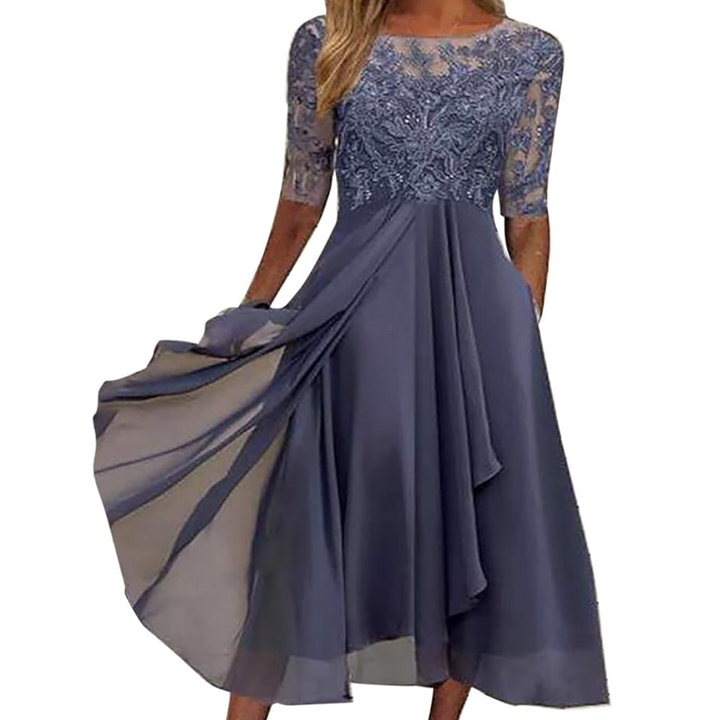Blaues Abendkleid Damen, Spitze, knielang, elegant, festlich, Halbarm, Chiffon.