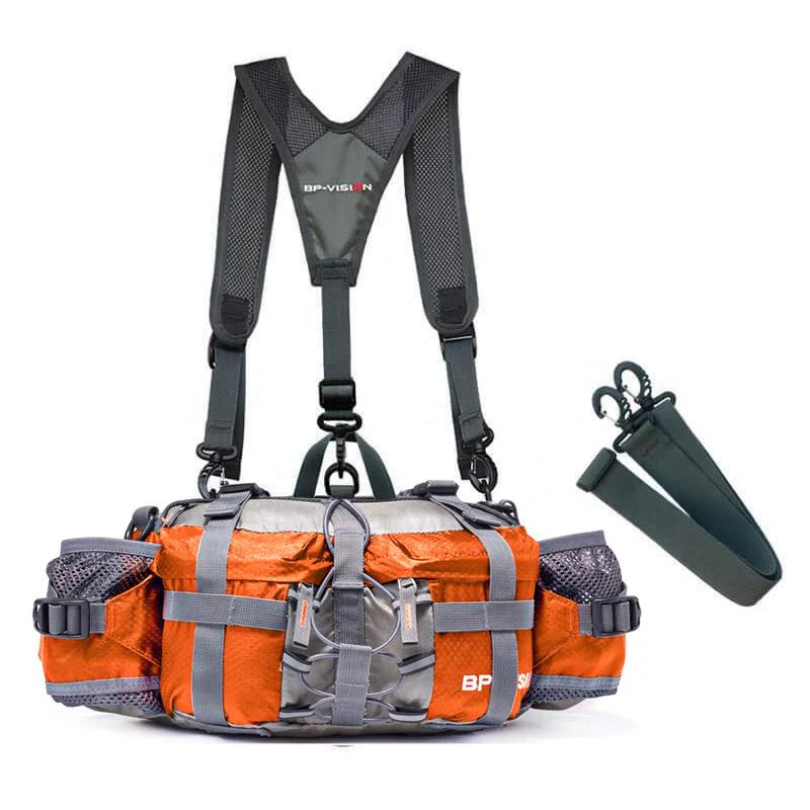 Orange Angelweste mit Taschen, verstellbaren Gurten und Zubehör, ideal für Outdoor-Aktivitäten.