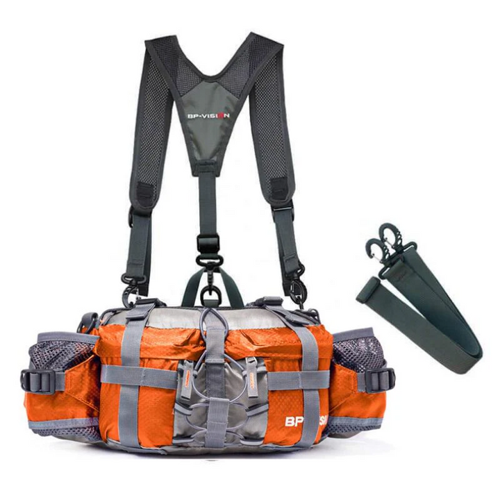 Orange Angelweste mit Taschen, verstellbaren Gurten und Zubehör, ideal für Outdoor-Aktivitäten.
