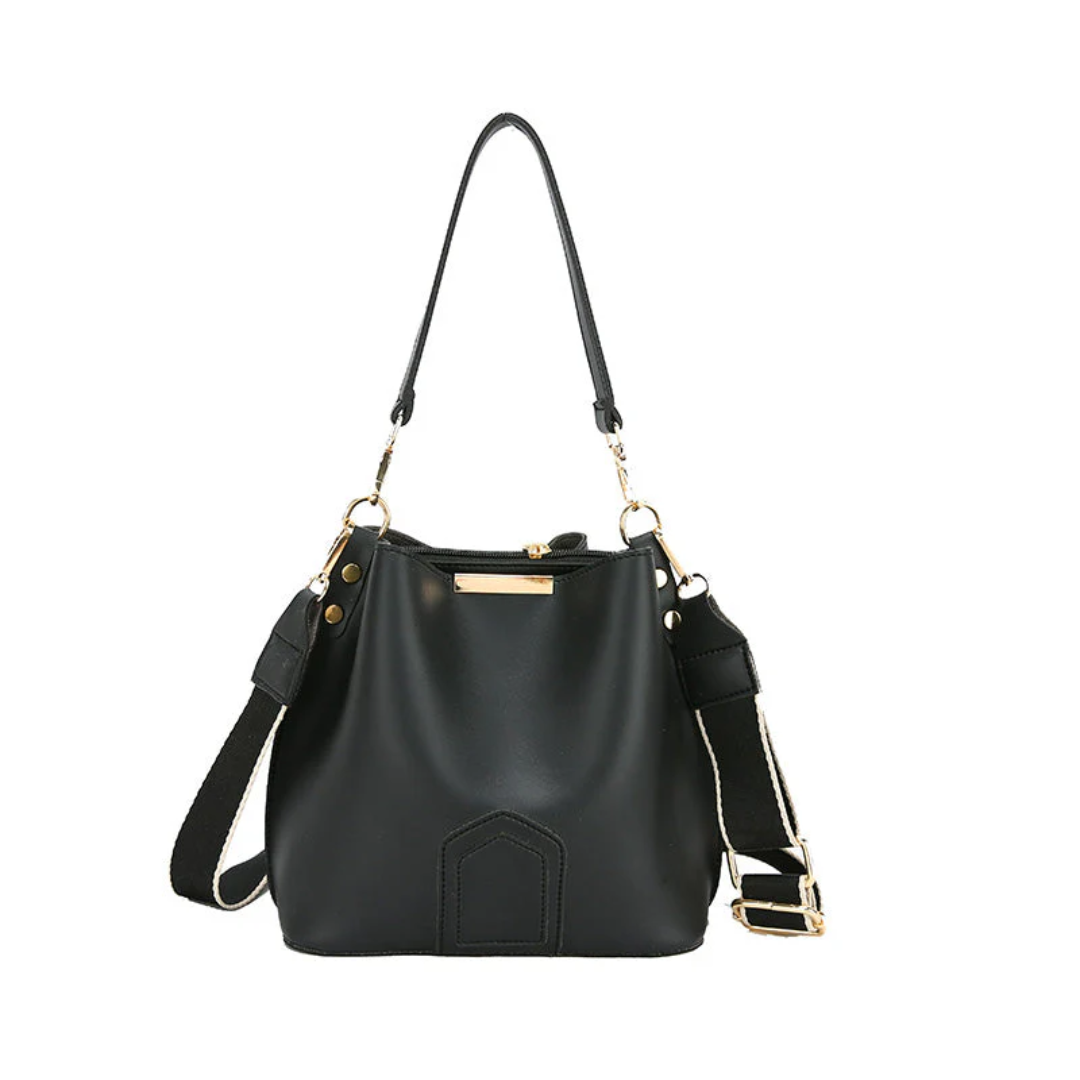Schwarze Lederhandtasche mit verstellbarem Riemen, elegantes Design, Damenmode Accessoire.