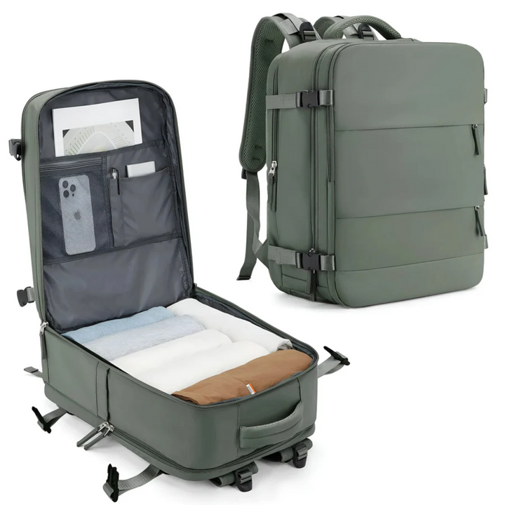 Grüner Reiserucksack, erweiterbar, mit Laptopfach, ideal für Reisen und Alltag.