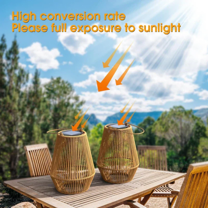 Solarbetriebene Bambuslaternen im Freien, Sonnenlicht, Gartenbeleuchtung, umweltfreundlich.