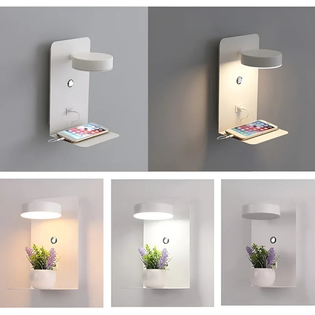 Moderne weiße Wandlampe mit Regal, USB-Ladeanschluss, ideal für Schlafzimmer oder Wohnzimmer.