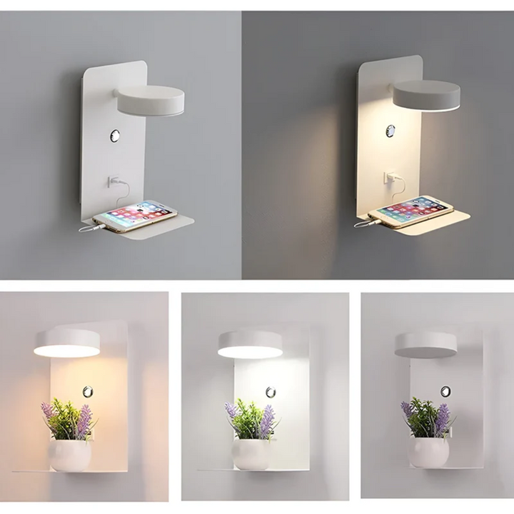 Moderne weiße Wandlampe mit Regal, USB-Ladeanschluss, ideal für Schlafzimmer oder Wohnzimmer.