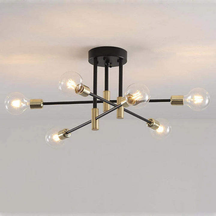 Moderne schwarze Deckenleuchte mit sechs Glühbirnen, industrielles Design, Metall und Glas.