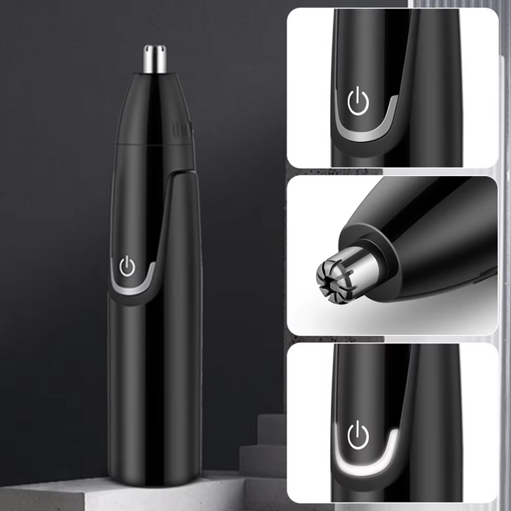 Schwarzer elektrischer Nasenhaarschneider, kabellos, ergonomisches Design, für Männer und Frauen.