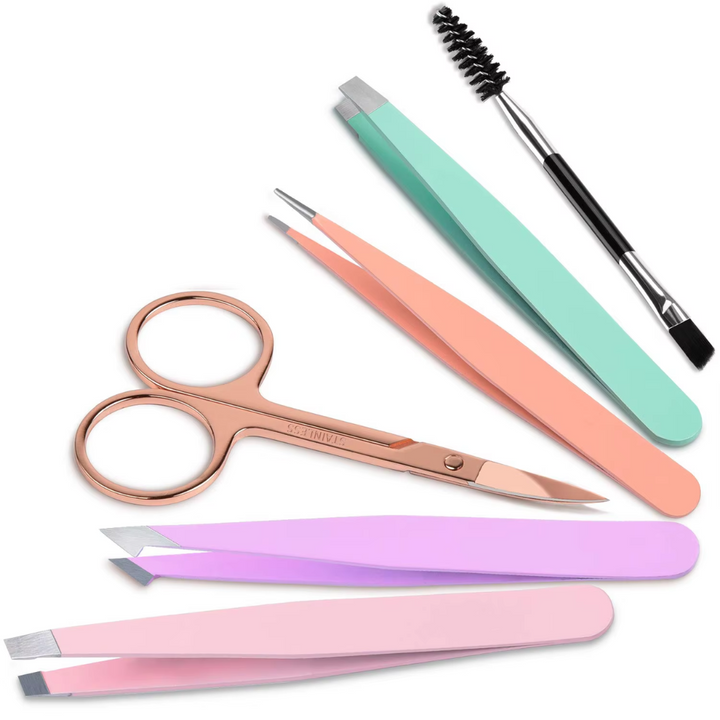 Buntes Pinzetten-Set mit Schere und Augenbrauenbürste, ideal für präzise Haarentfernung.
