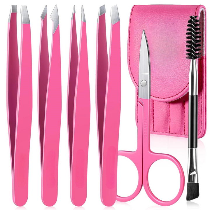 Rosa Pinzetten-Set mit Etui, Schere und Bürste, Edelstahl, präzise Haarentfernung.