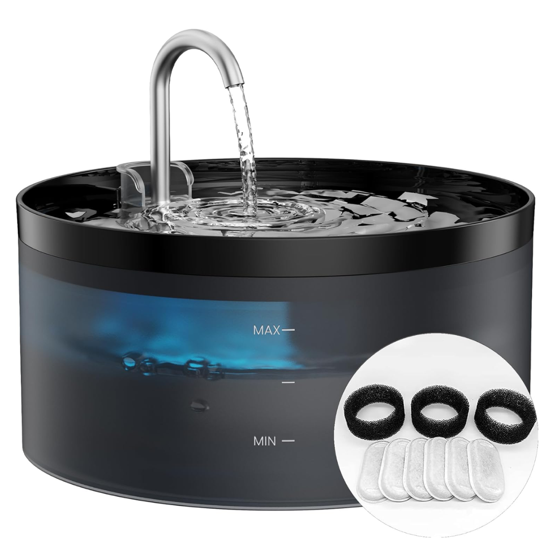Schwarzer Katzenbrunnen mit LED-Licht, Wasserhahn-Design, Filtereinsätze, Haustiertränke.