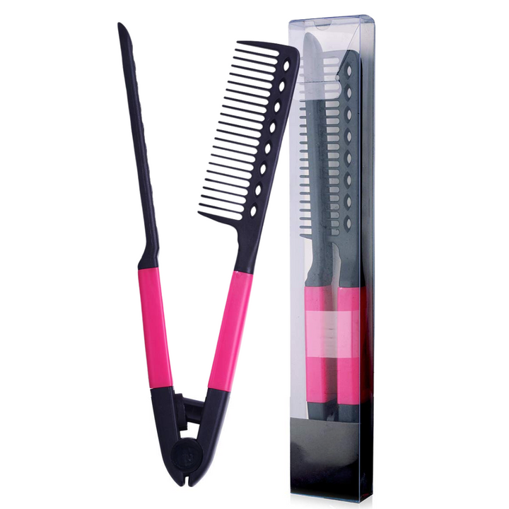 Schwarzer und pinker Haarglätter-Kamm, hitzebeständig, in Verpackung.