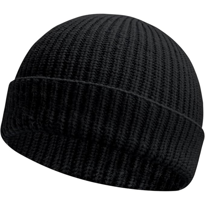 Schwarze Strickmütze, Winteraccessoire, Unisex, warm, modisch, aus Wolle, geripptes Design.