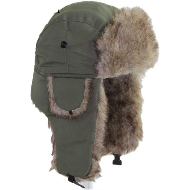 Grüne Wintermütze mit Kunstfell, Trapper-Stil, warm, winddicht, Unisex.