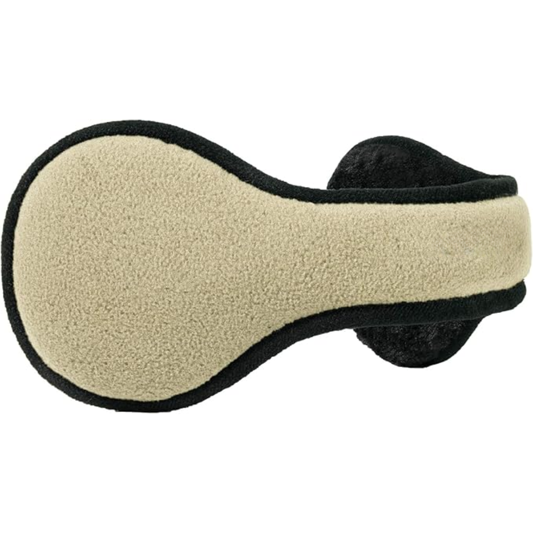 Beige Ohrenschützer aus Fleece, warm, wintertauglich, Unisex-Design, schwarz umrandet.