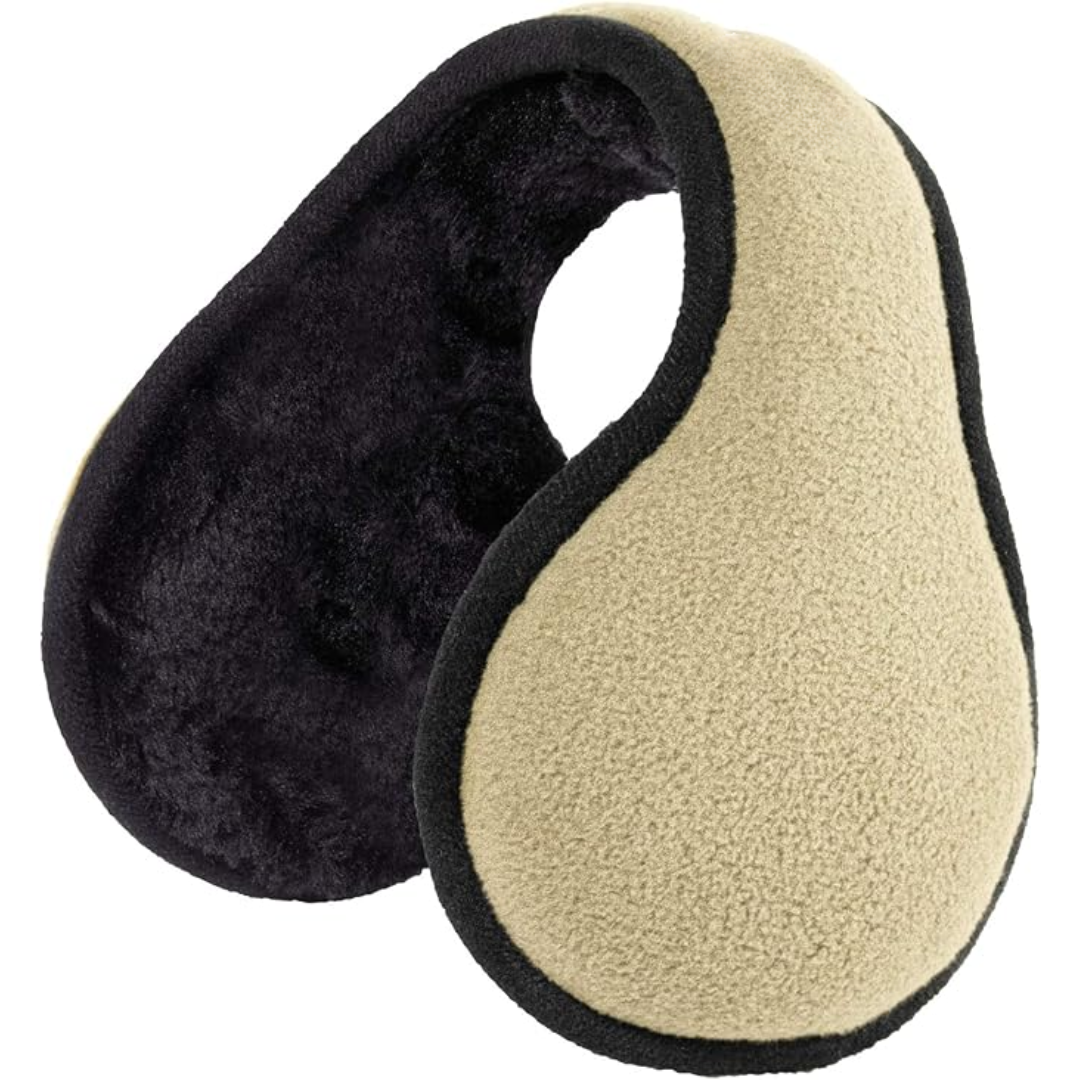 Beige Ohrenschützer aus Fleece, warm, wintertauglich, schwarz gefüttert, Unisex-Design.