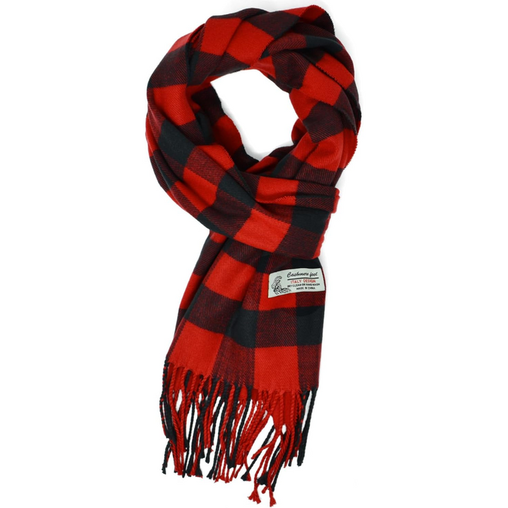 Rot-schwarzer karierten Schal aus Wolle mit Fransen, modisches Accessoire für Herbst und Winter.