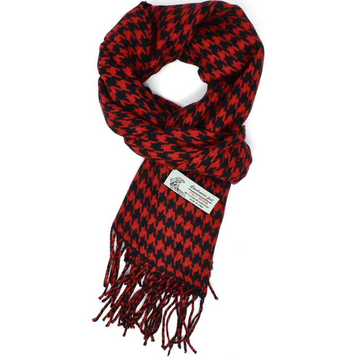 Rot-schwarzer Hahnentritt-Schal aus Wolle mit Fransen, modisches Accessoire für Herbst und Winter.
