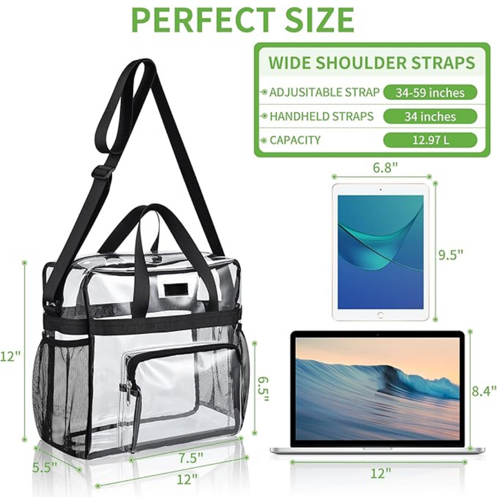 Klarer Rucksack, transparent, mit schwarzen Riemen, ideal für Reisen, Stadion, Schule.