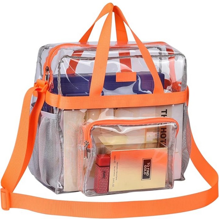 Transparente PVC-Tasche mit orangefarbenen Trägern, ideal für Reisen und Aufbewahrung.