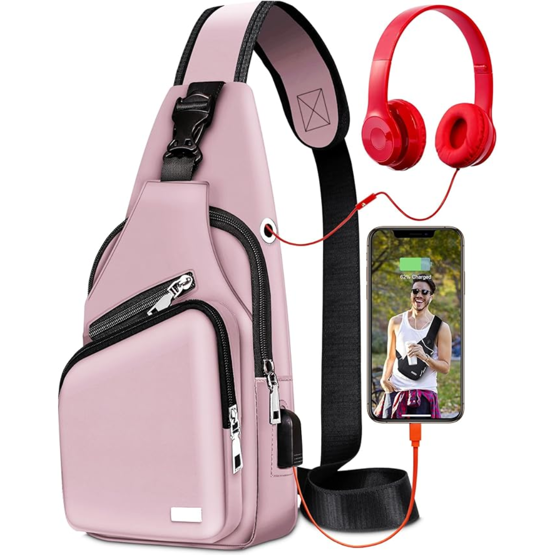 Rosa Umhängetasche mit Kopfhörern und Smartphone, modisch, praktisch, für Reisen und Alltag.