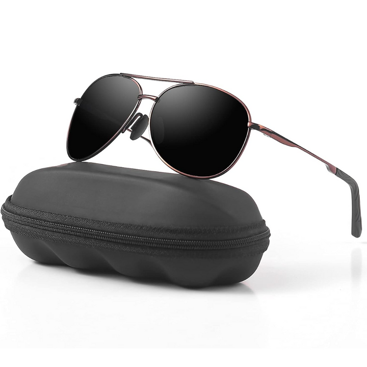 Schwarze Pilotenbrille mit Etui, UV-Schutz, Metallrahmen, modisch, unisex.