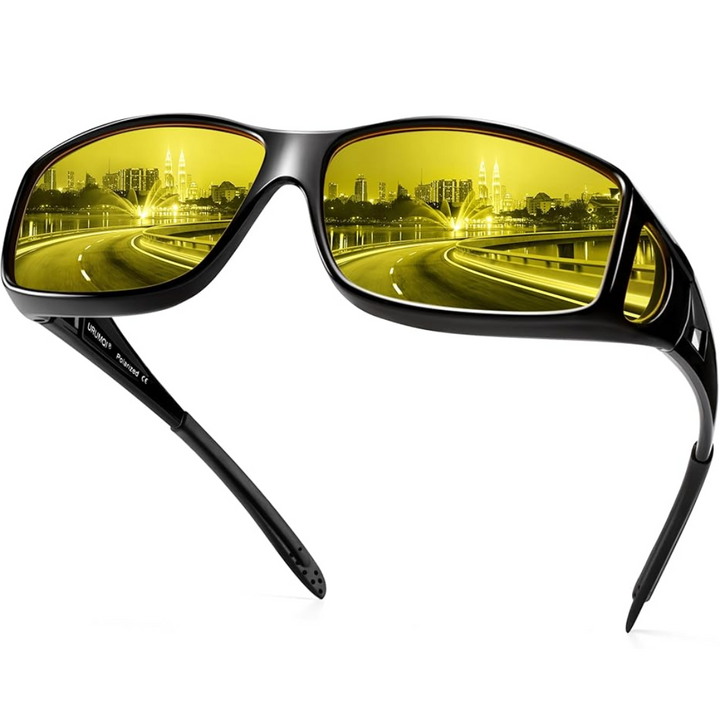Schwarze Nachtsichtbrille mit gelben Gläsern für Autofahren, blendfreies Design.