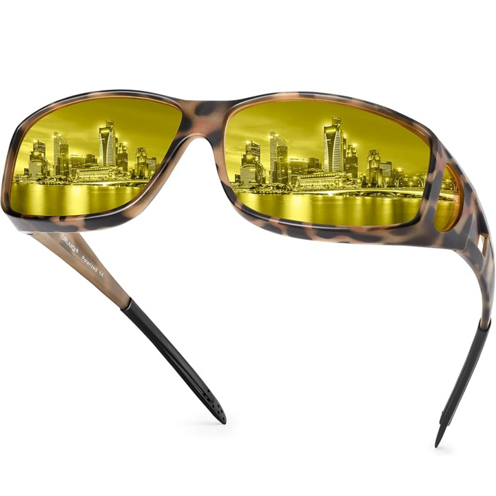 Sonnenbrille mit gelben Gläsern, Leopardenmuster, polarisiert, für Nachtfahrten.