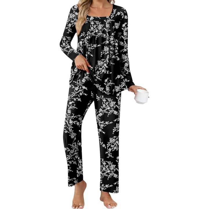 Schwarzer Damen-Pyjama mit weißem Blumenmuster, langärmelig, bequem, Nachtwäsche.