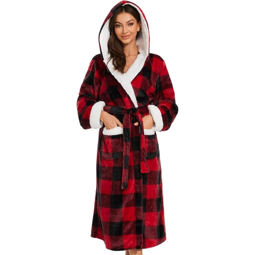 Damen Bademantel kariert rot-schwarz mit Kapuze, Fleece, warm, gemütlich, Wintermode.
