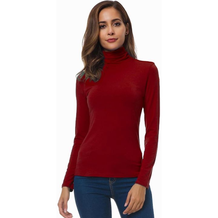 Frau in rotem Rollkragenpullover, langärmelig, modisch, Herbstmode, Damenbekleidung.