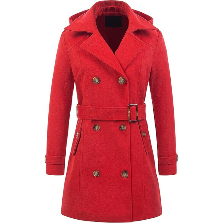 Roter Damenmantel, doppelte Knopfleiste, Kapuze, Gürtel, Wintermode, eleganter Wollmantel.