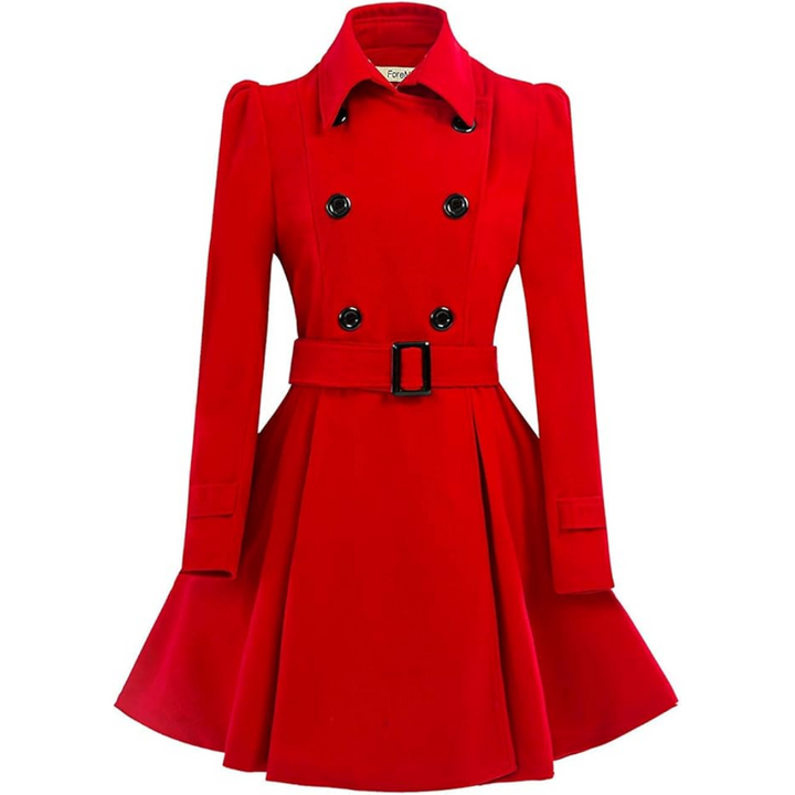 Roter Damenmantel, tailliert, doppelreihig, mit Gürtel, elegantes Design, Herbstmode.