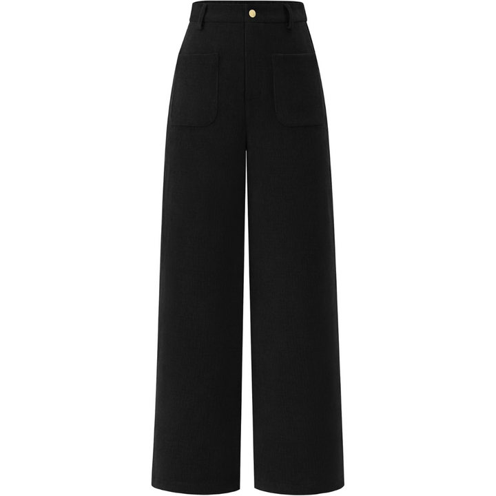 Schwarze Damen-Cordhose, weites Bein, hohe Taille, modisch, elegant, Herbstmode.