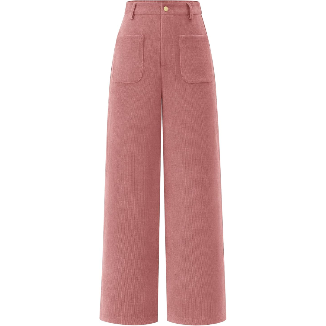 Rosa Cordhose Damen, weites Bein, hohe Taille, modisch, bequem, Herbstmode 2024.